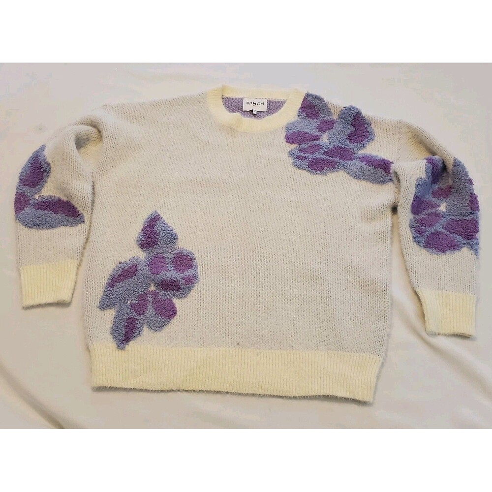 FRNCH womens Floral Sweater White Purple Sz S Embroidered Applique Preppy Boho
